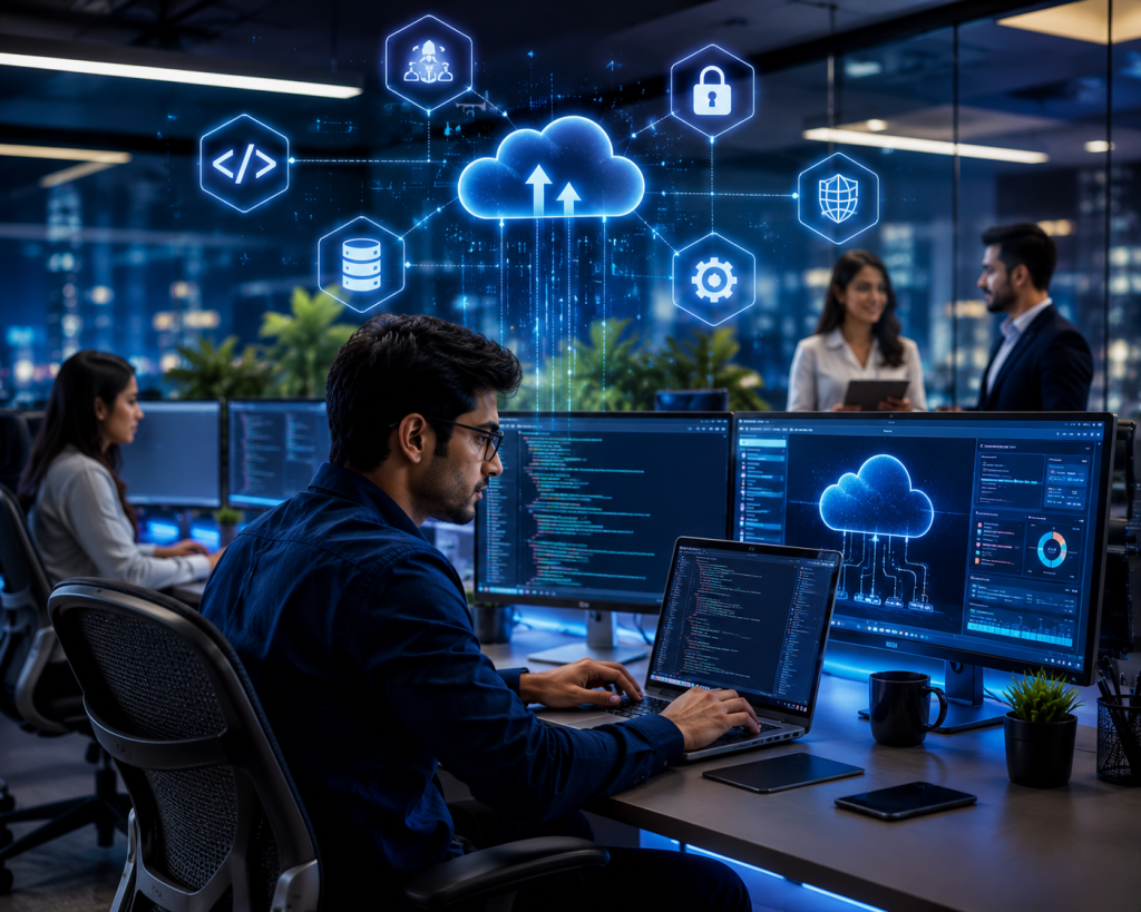 Modern software development office with IT professionals, cloud computing, application development, cybersecurity, coding workstations, and digital technology representing IT and SaaS digital marketing services by Social Chanakya.