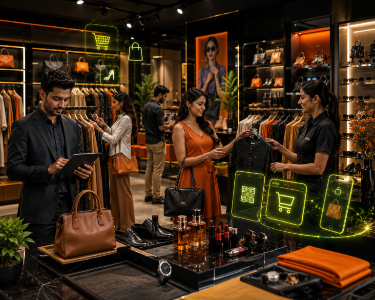 Modern retail and lifestyle store with fashion apparel, handbags, shoes, cosmetics, accessories, Indian shoppers, digital shopping experience, and luxury retail environment representing retail digital marketing services by Social Chanakya.